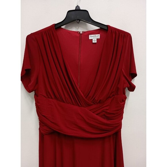 NorthStyle Womens A-Line Dress Size 18 Red Stretch Surplice Midi Short Sleeve - Picture 2 of 7